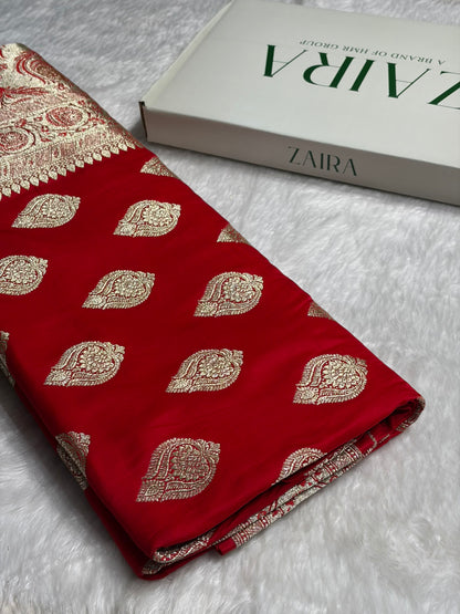 Red Katan Silk Saree In Boota Floral Motif