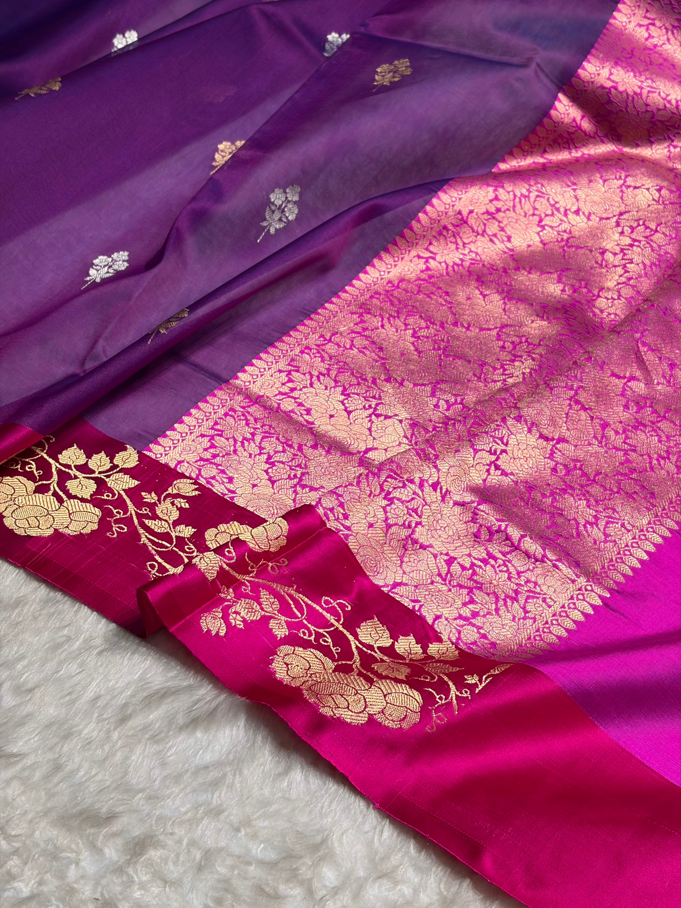 Contrast Pure Banarasi Organza Purple With Rama Floral Banarasi Silk Saree PO-13