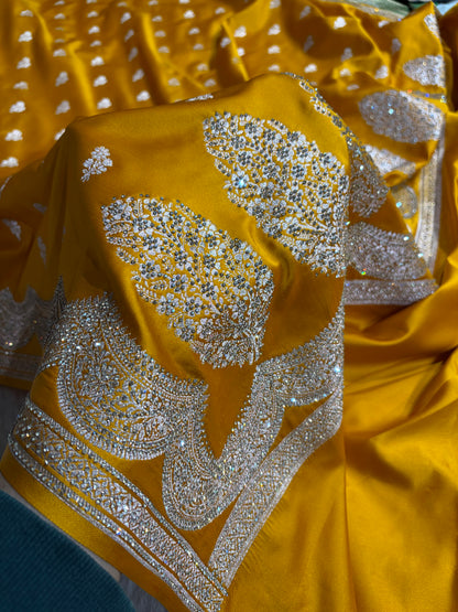 Banarasi Mustard Scallop Mashru Silk with White Stone Swarovski work BMS02
