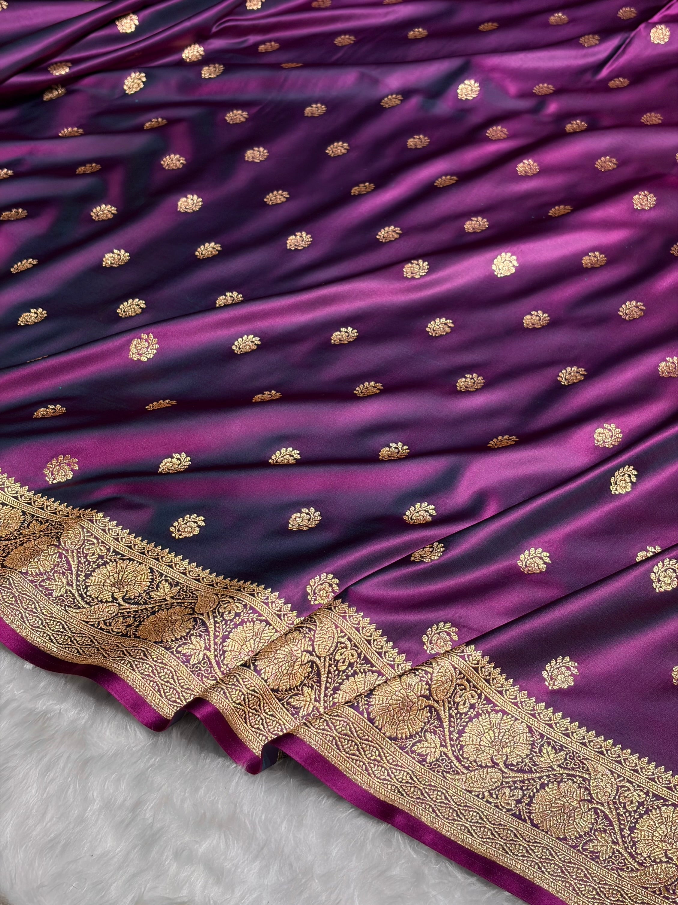 Wine Floral Boota Pattern Satin Katan Silk Saree SK72