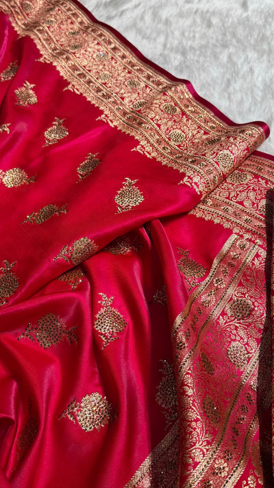 Satin Silk Saree Swarovski Work Floral Boota in Cross Rani Shades BSS26