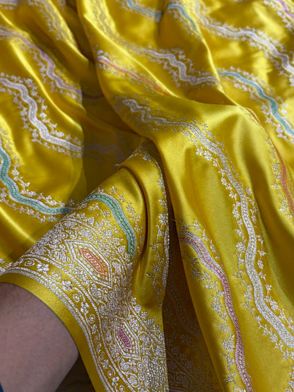 Banarasi Minakari Cross Pattern in Yellow Shades Mashru Silk Saree MCS93