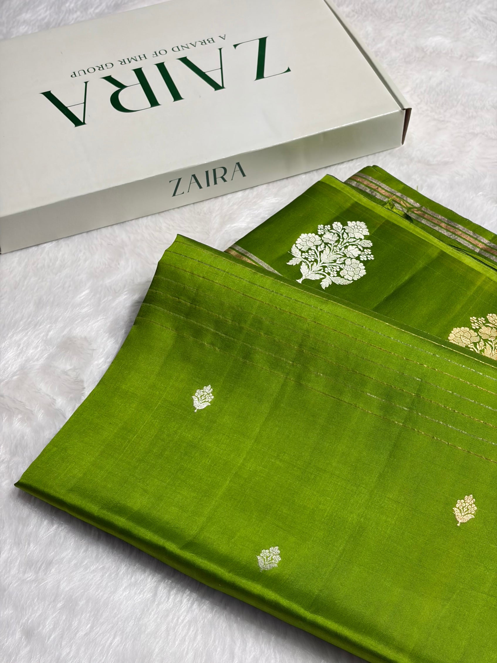 Parrot Green Shades Meena Boota Handwoven Pure Katan Raw Mango Silk RM-01