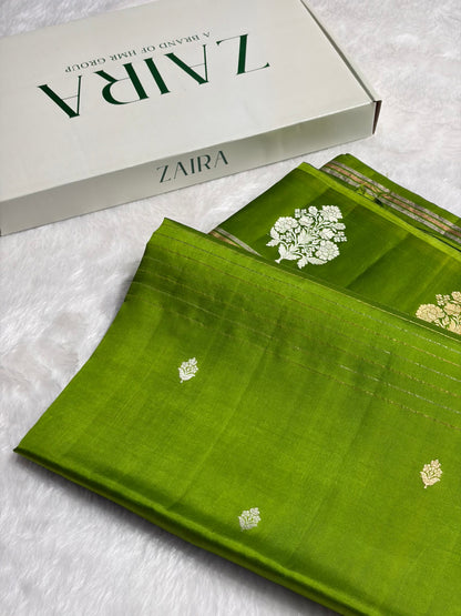 Parrot Green Shades Meena Boota Handwoven Pure Katan Raw Mango Silk RM-01