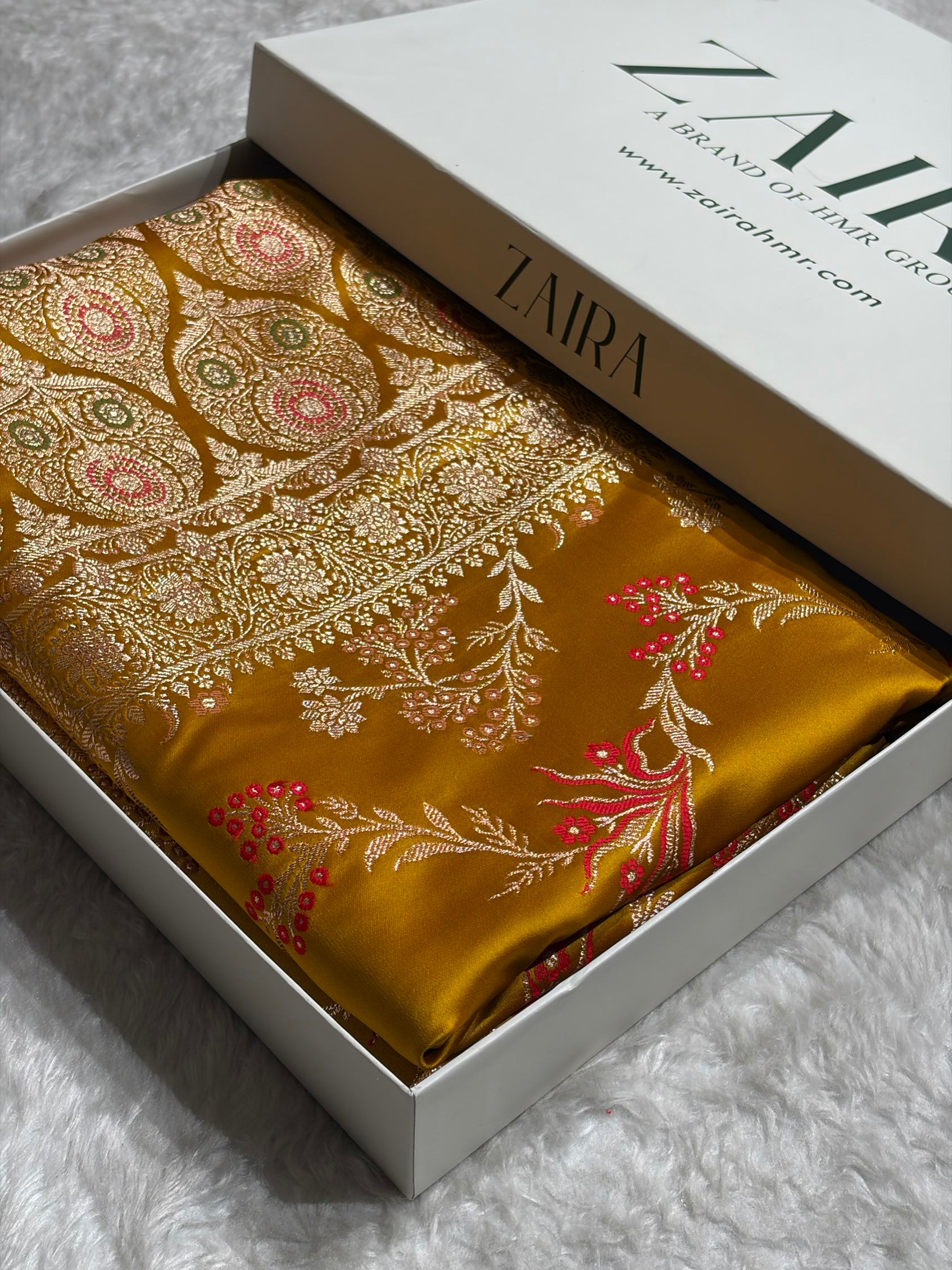 Banarasi Satin Katan Saree Floral Minakari Jaal Pattern in Mustard Shades SK151