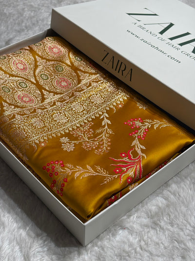 Banarasi Satin Katan Saree Floral Minakari Jaal Pattern in Mustard Shades SK151