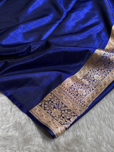 Royal Blue Shades Cross Pattern Banarasi Satin Silk Saree SS50