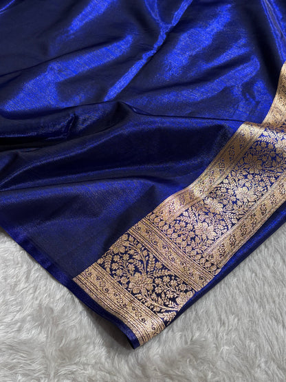Royal Blue Shades Cross Pattern Banarasi Satin Silk Saree SS50