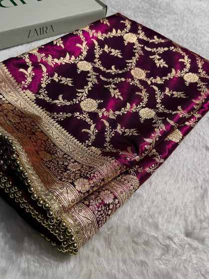 Satin Silk Banarasi Jaal In Wine Shades With Gotta Patti  SSGP18