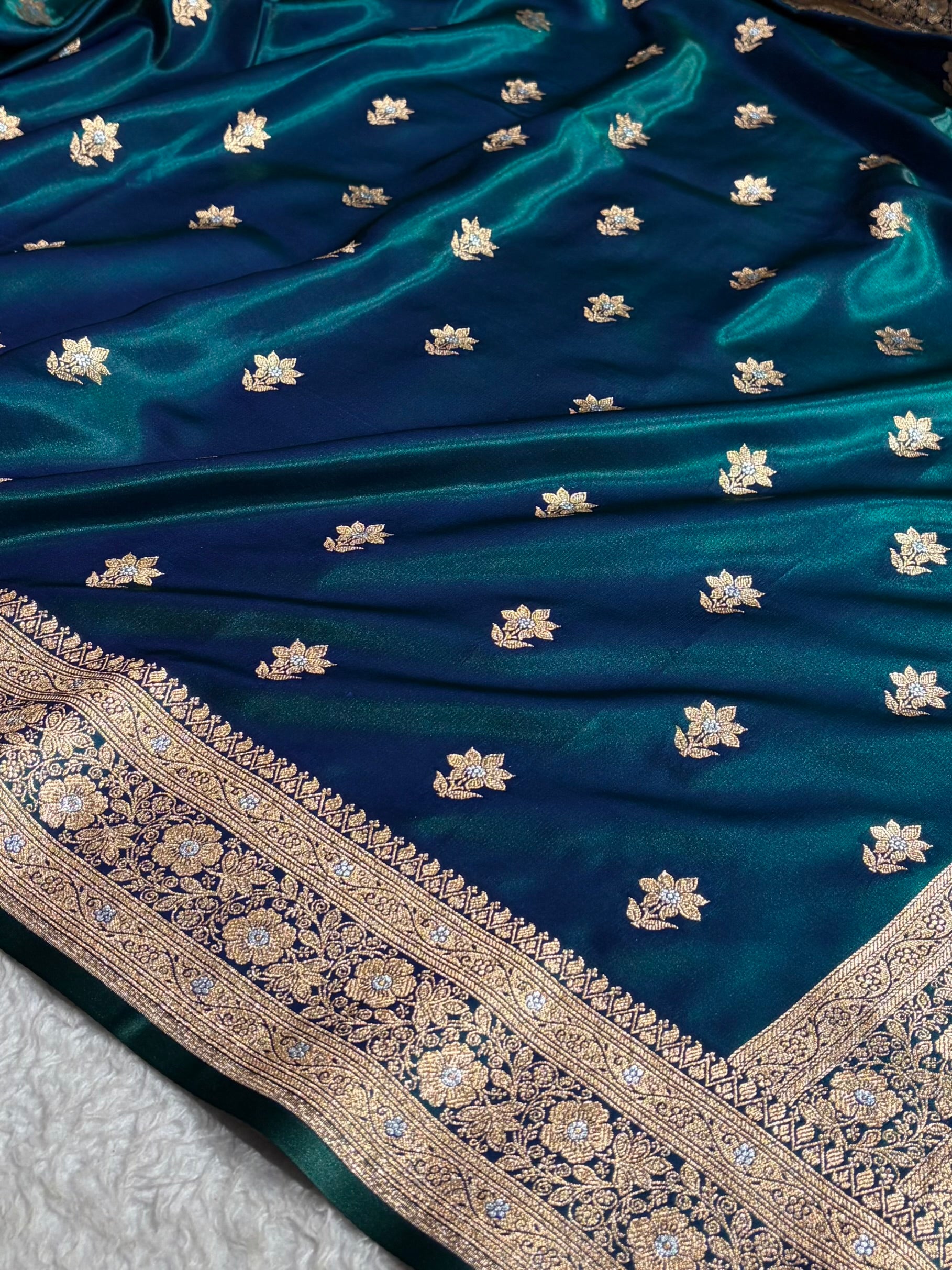 Peacock Shades Minakari Boota Pattern Banarasi Satin Silk Saree SS44