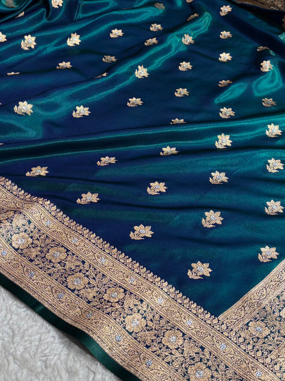 Peacock Shades Minakari Boota Pattern Banarasi Satin Silk Saree SS44