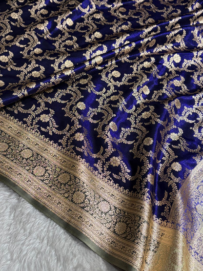 Royal Blue Contrast Beige Shades Jaal Pattern Banarasi Satin Silk Saree SS47