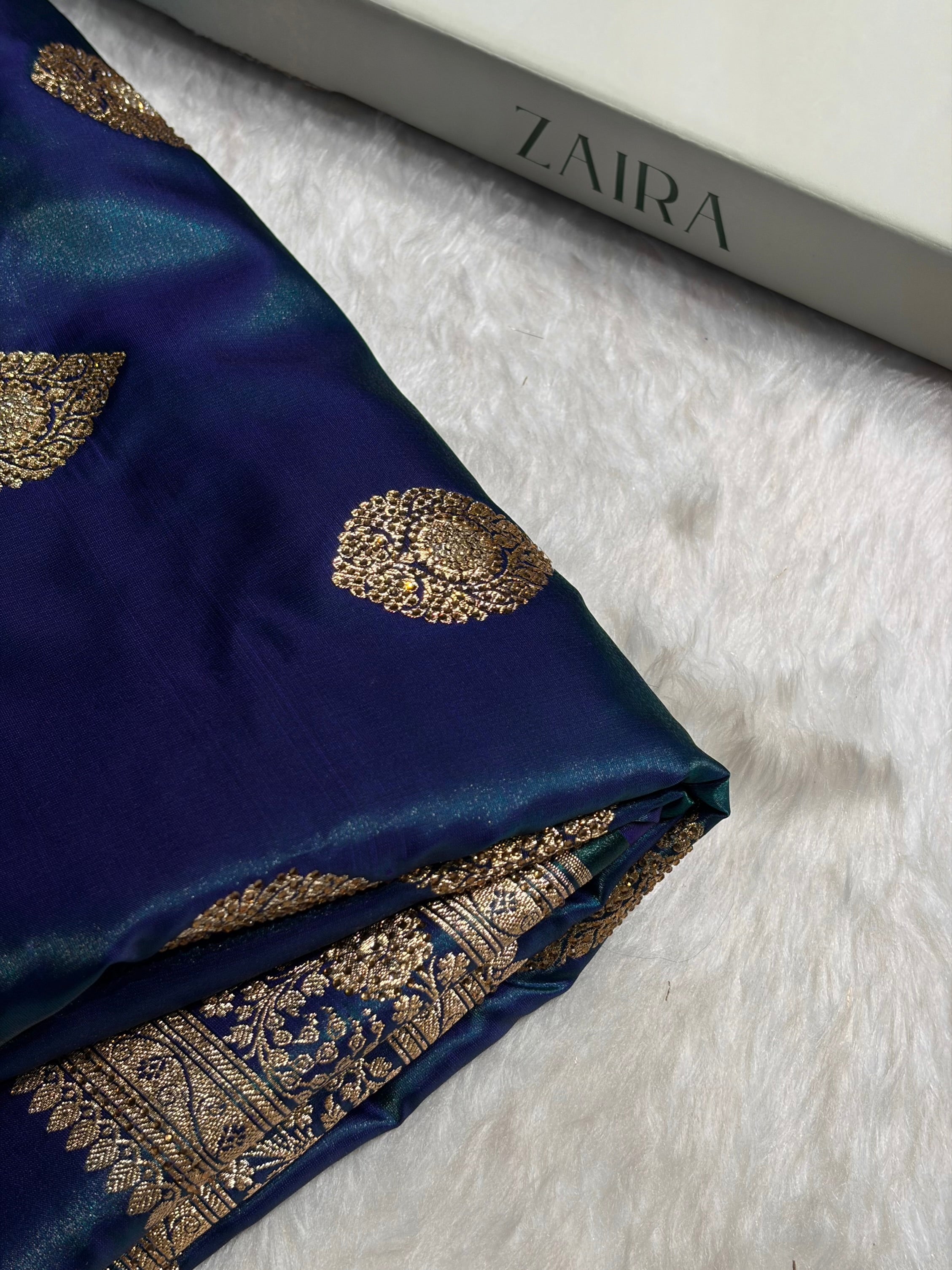 Peacock Shades Banarsi Satin Silk Boota with Stone Work