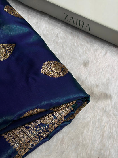 Peacock Shades Banarsi Satin Silk Boota with Stone Work
