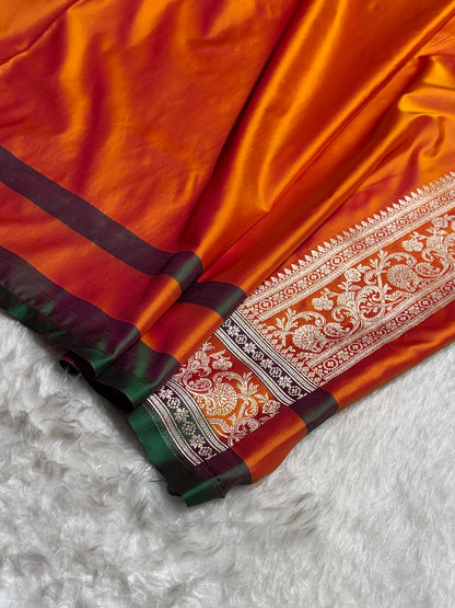Banarasi Cross Red With Contrast Orange Floral Border Mashru Silk Saree MSM-100
