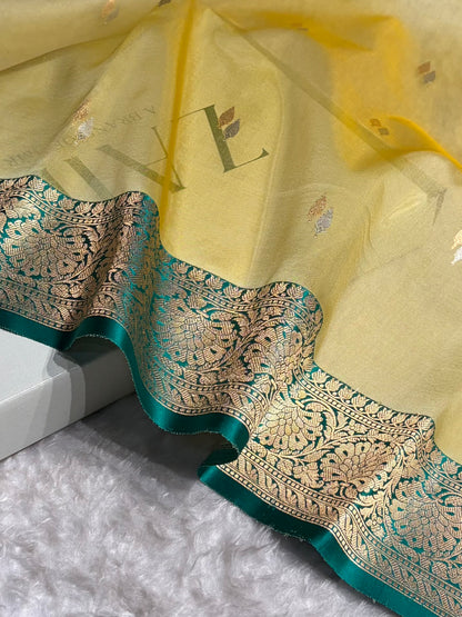 Contrast Pure Banarasi Organza Mustard With Rama Floral Banarasi Silk Saree PO-12