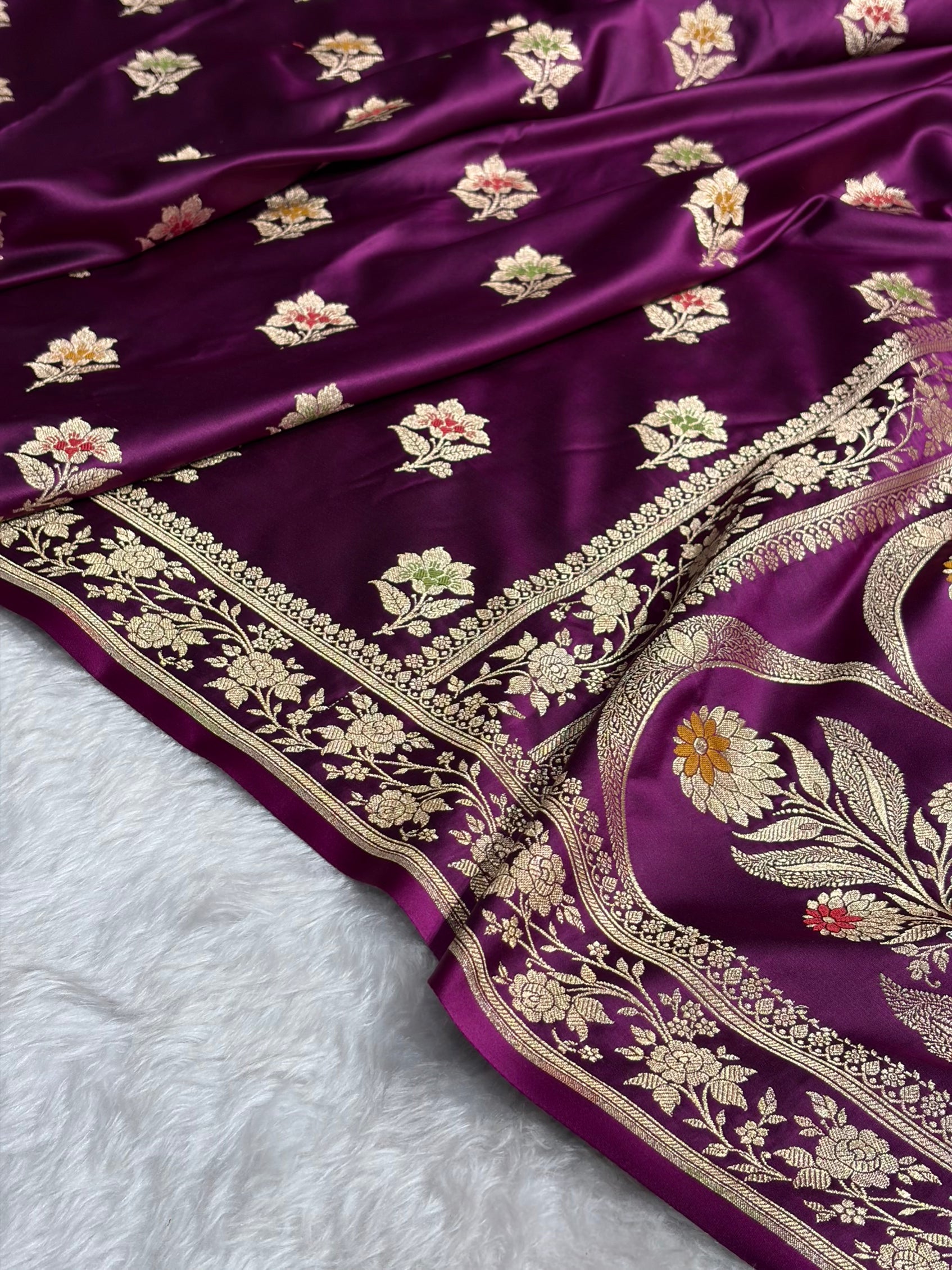 Premium Banarasi Satin Katan Saree With Minakari Boota in Wine Shades SK112
