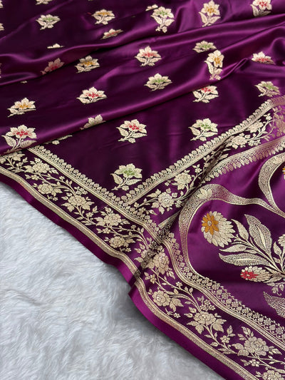 Premium Banarasi Satin Katan Saree With Minakari Boota in Wine Shades SK112