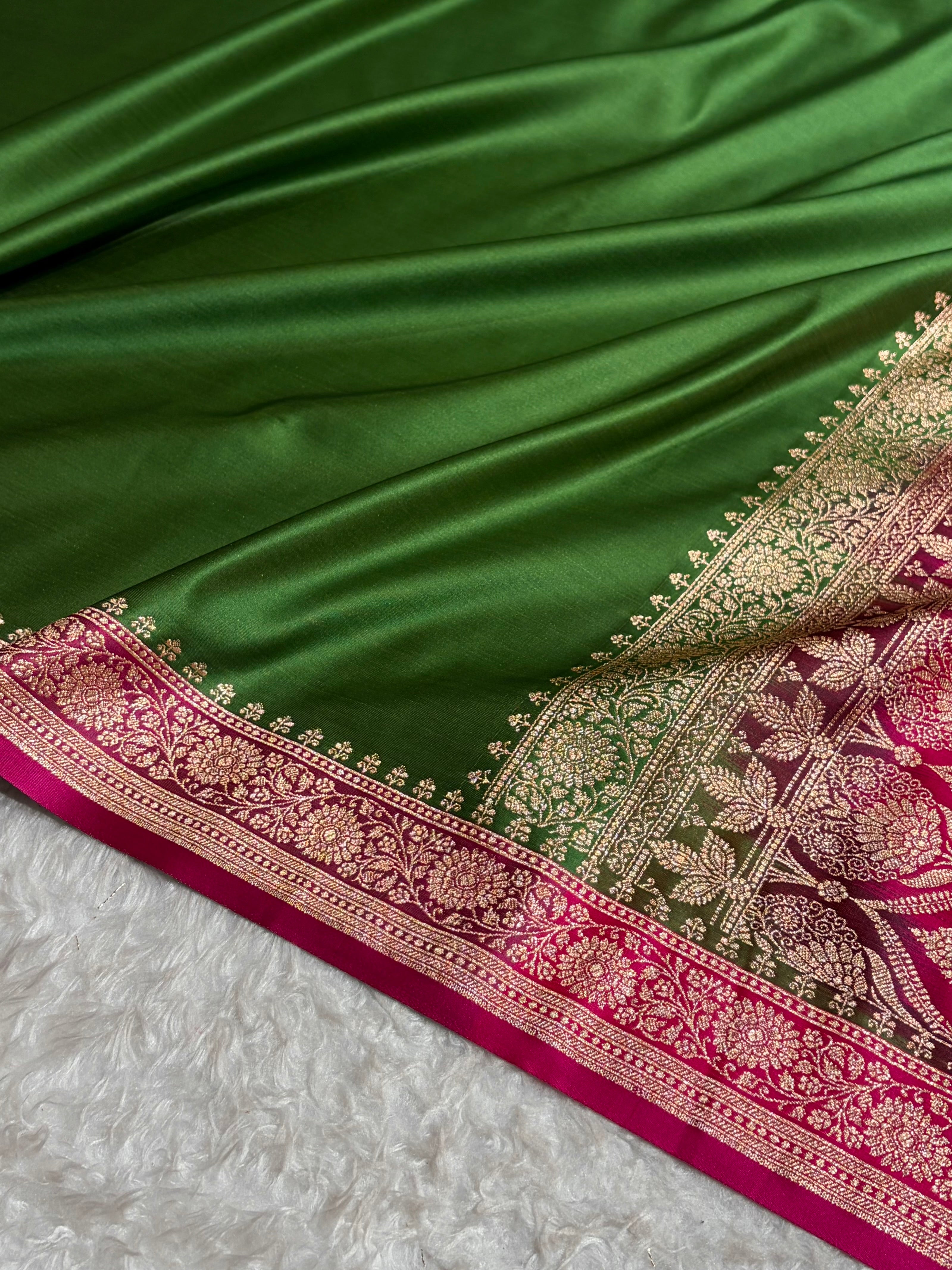 Banarasi Satin Katan Saree in Contrast Dark Green / Rani Shades SK131