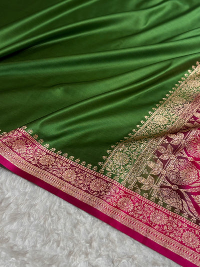 Banarasi Satin Katan Saree in Contrast Dark Green / Rani Shades SK131