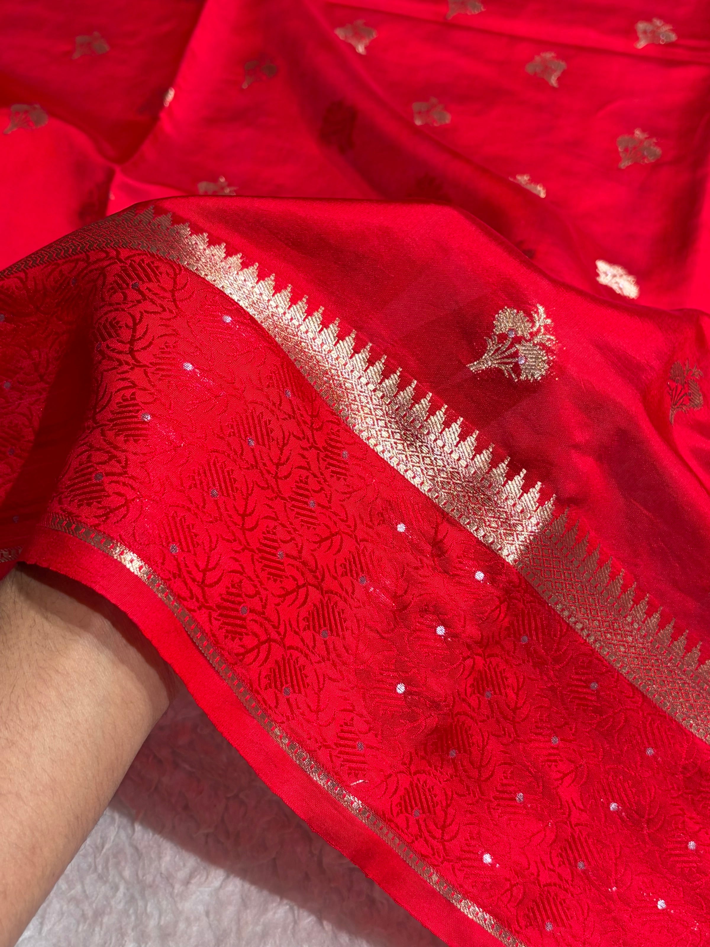 Dark Red Shade Flower Boota Pure Caramel Mango Silk Saree CS-15