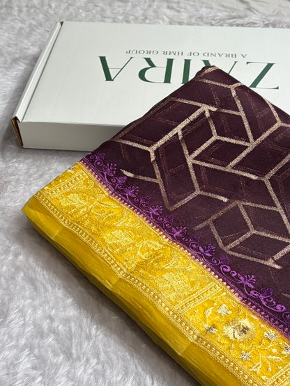 Banarasi Pure Organza Contrast Chocolate With Yellow Shades Banarasi Silk Saree PO-43