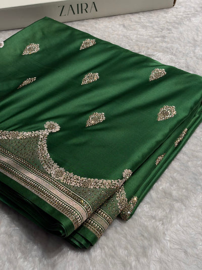 Bottle Green Shades Scallop With Swarovski Work Mashru Silk Saree BMCS20