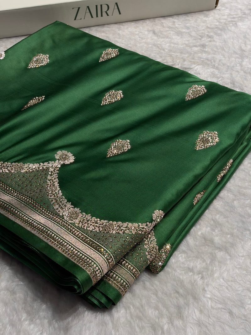 Bottle Green Shades Scallop With Swarovski Work Mashru Silk Saree BMCS20