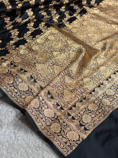 Black Floral Jaal Pattern Satin Katan Silk Saree SK43