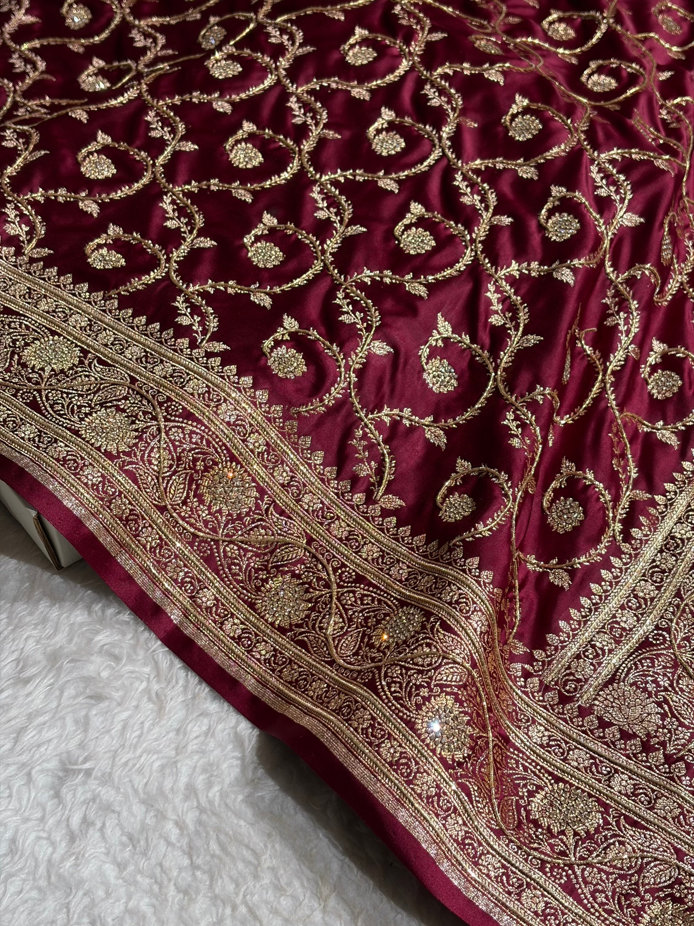 Banarasi Chocolate Shades Jaal Pattern With Swarovski Stone & Zardozi Satin Katan Silk Saree BSK55