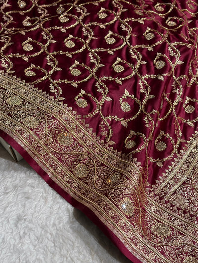 Banarasi Chocolate Shades Jaal Pattern With Swarovski Stone & Zardozi Satin Katan Silk Saree BSK55