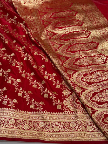 Light Weight Bridal Red Satin Silk Saree