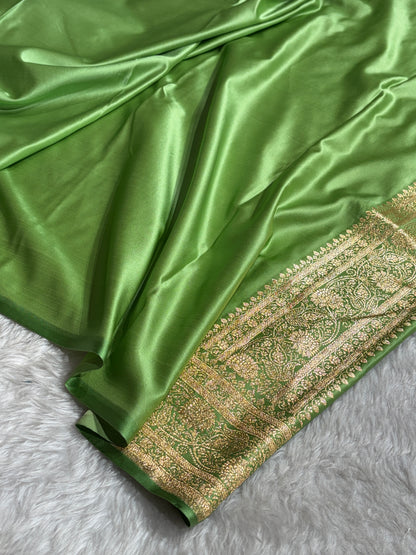 Pista Green Shades Floral Jaal Pattern Satin Katan Silk saree SK55