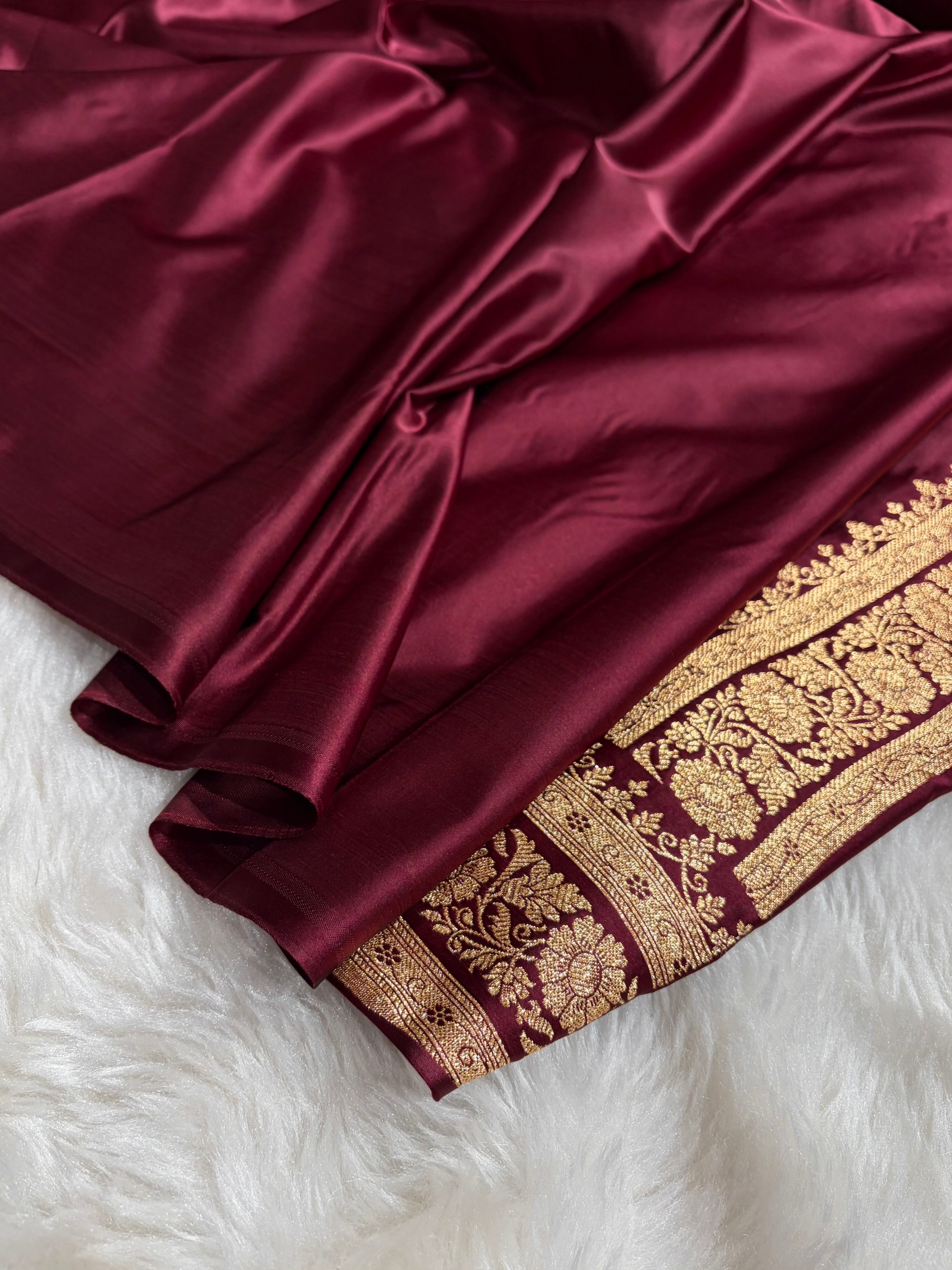 Banarasi Garnet Booti Pattern Satin Katan Silk Saree SK66