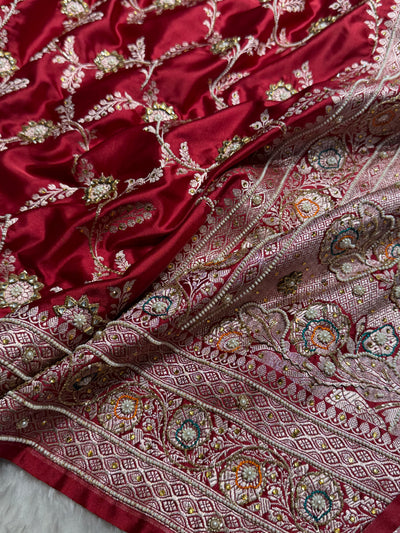 Banarasi Maroon Minakari Mashru Silk Saree with Ari and Mooti work BMCS23