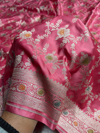 Baby Pink Minakari Floral Jaal Mashru Silk Saree MCS28