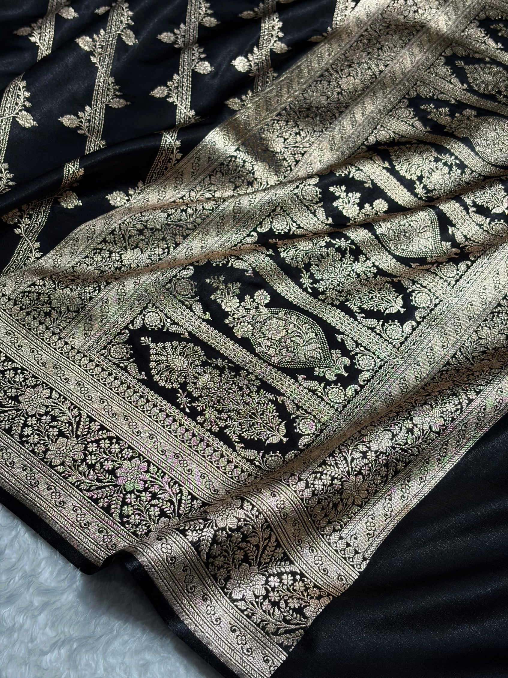 Black Shades Cross Pattern Banarasi Satin Silk Saree SS50