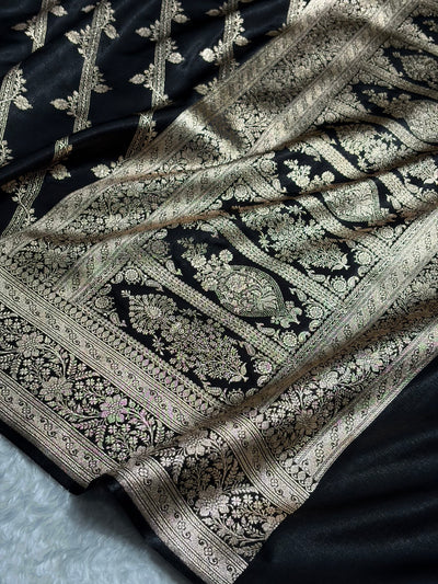 Black Shades Cross Pattern Banarasi Satin Silk Saree SS50