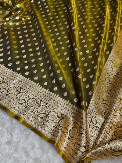 Satin Silk Booti in Mehandi Shades SS01