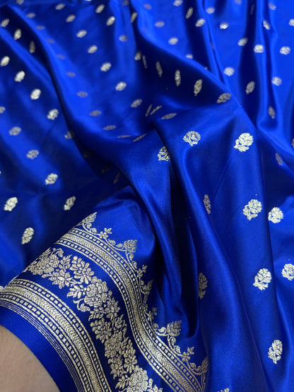 Banarasi Cross Royal Blue Floral Pattern Satin Katan Silk Saree SK76