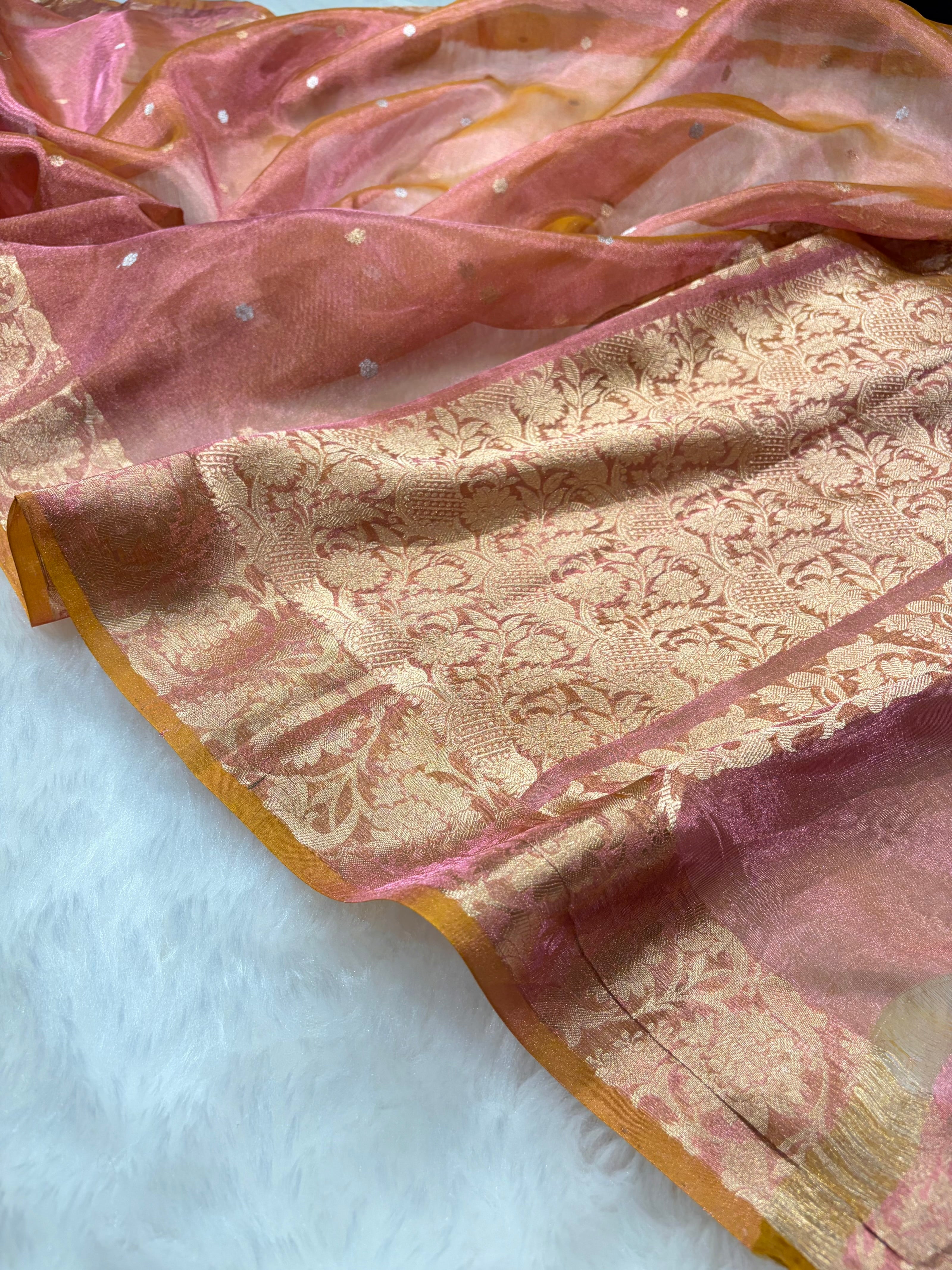 Cross Orange Bananasi Floral Shades Pure Tissue Silk Saree PT-42