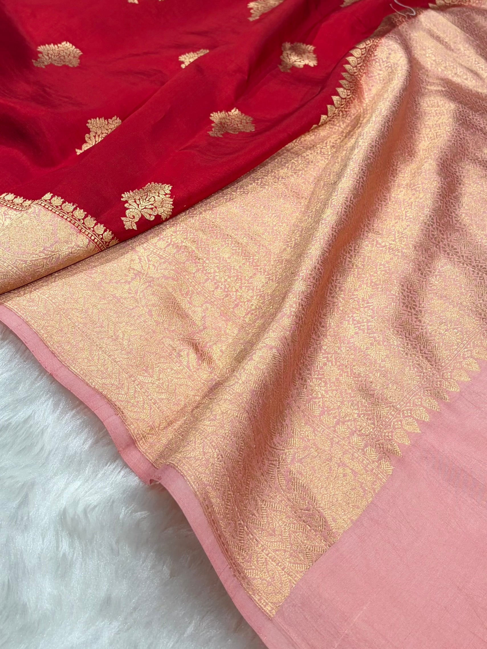 Banarasi Red With Peach Contrast Shades Boota Handwoven Pure Paper Silk RM-82