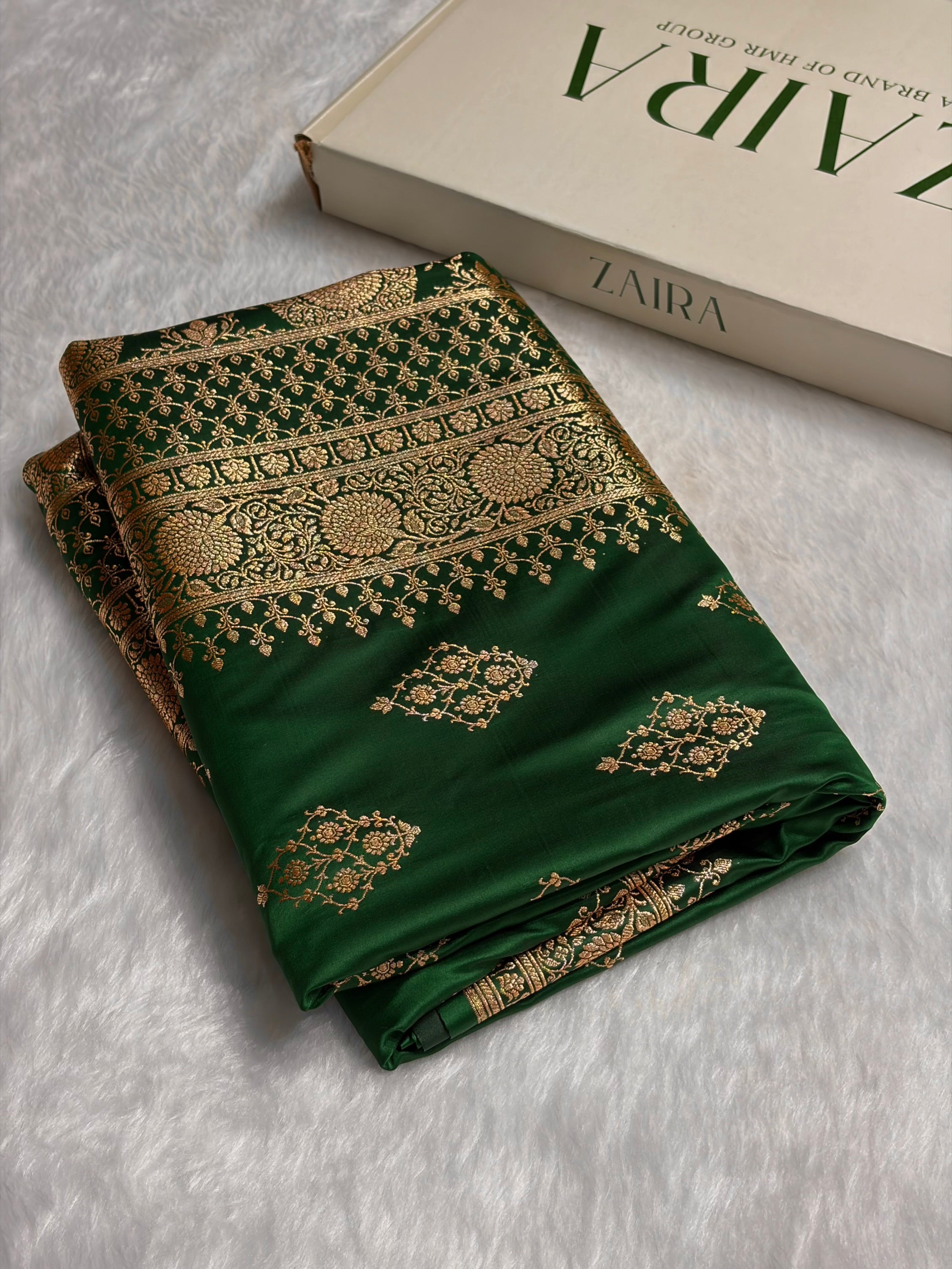 Bottle Green Floral Boota Satin Katan Silk saree SK35