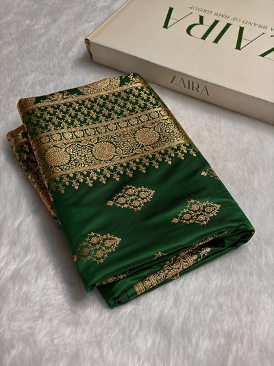 Bottle Green Floral Boota Satin Katan Silk saree SK35