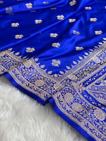 Banarasi Royal Blue Shades Floral Boota Satin Katan Silk saree SK32