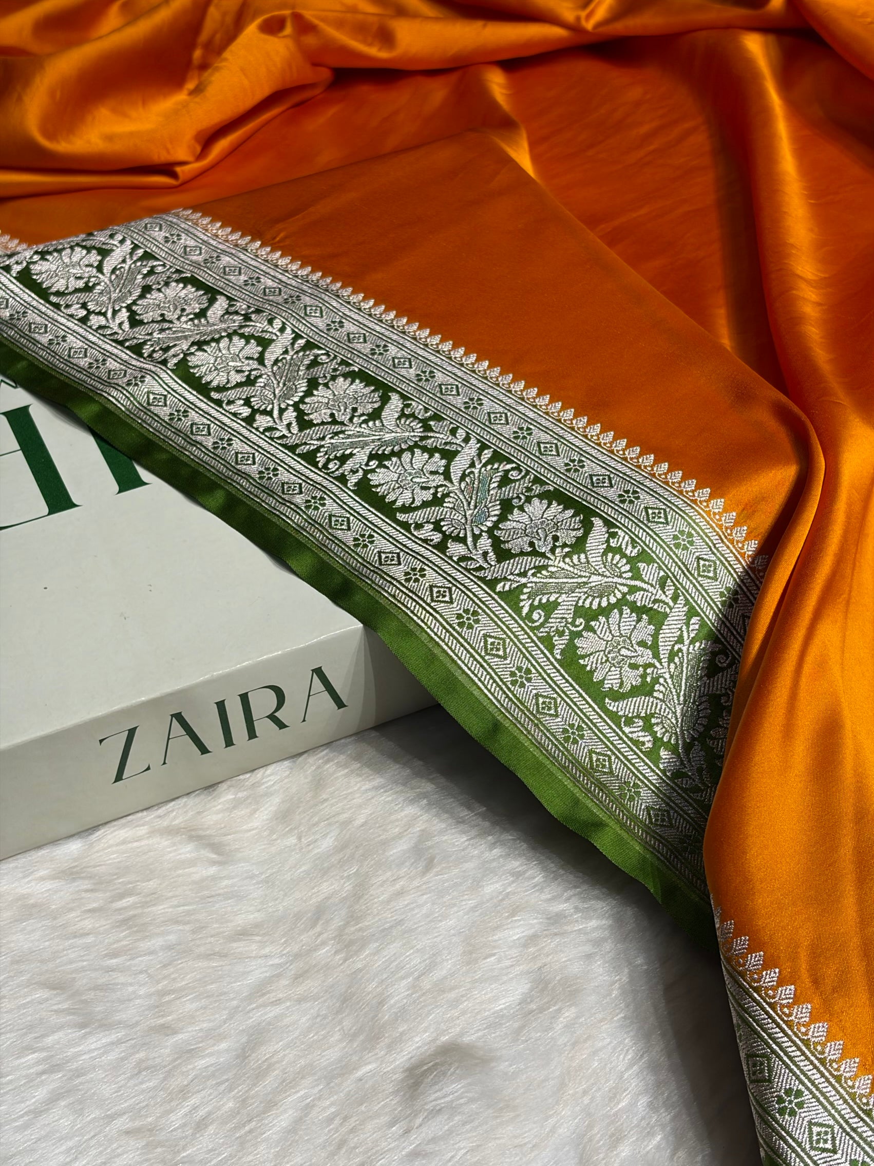 Contrast Orange with Green Border Plain Mashru Silk Saree MS22