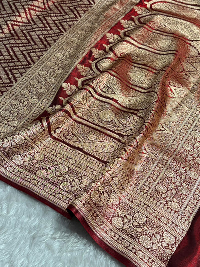 Maroon Shades Jaal Pattern Banarasi Satin Silk Saree SS56