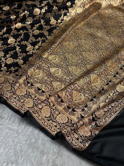 Black Shades Jaal Floral Pattern Satin Katan Silk Saree SK80