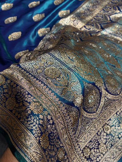 Peacock Shades Banarsi Satin Silk Boota with Stone Work