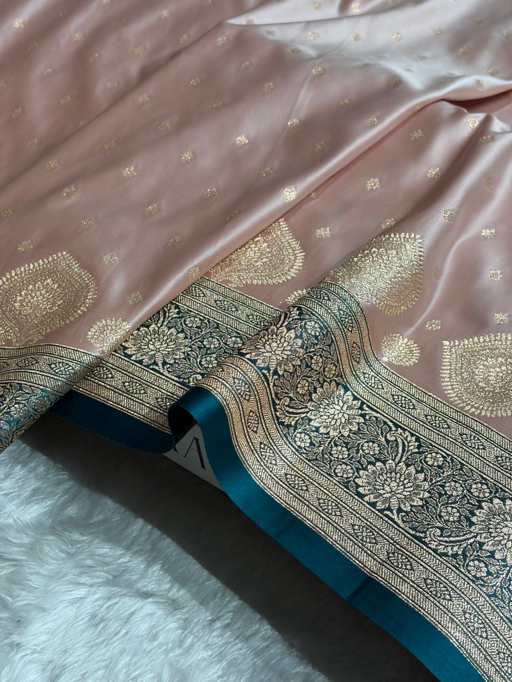 Banarasi Rose Gold with Rama Booti Satin Katan Silk saree SK29